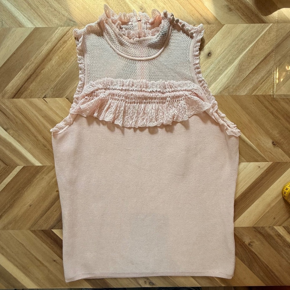 WHBM Soft Pink Ruffle Lace High Neck Sleeveless Knit Top Large Coquette Romantic